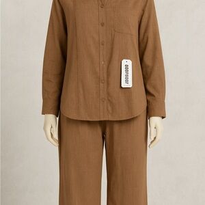 Women’s Brown Linen 2 Piece Set Button Shirt and Wide Leg Pants COOFANDY XL